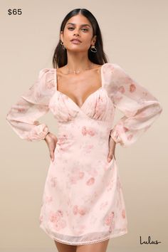 You'll be ready for date night in an instant with the Lulus Lovely Poise Light Pink Floral Tie-Back Long Sleeve Mini Dress! A romantic floral design accents the sleek and airy woven chiffon as it shapes lightly gathered cups and a sweetheart neckline with crocheted ladder lace, all framed by semi-sheer, long balloon sleeves (with elastic at the shoulders and cuffs). The subtle, fit-and-flare silhouette naturally flatters the figure, while an open back with double tying straps and a mini hem (accented with matching ladder lace trim) lends an extra flirty finish. Hidden back zipper/clasp. Fit: This garment fits true to size. Length: Mid-thigh. Bust: Great for any cup size. Waist: Fitted - very fitted at natural waist. Hip: Not Fitted - fuller skirt allows room for hips. Undergarments: May be Light Pink Floral Dress, Pink Long Sleeve Dress, Date Night In, Lace Dress With Sleeves, Pink Floral Dress, Long Sleeve Floral Dress, Long Sleeve Mini, Tie Dress, Balloon Sleeves