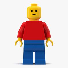 a lego man with a red shirt and blue pants is standing in front of a white background