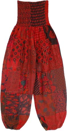 These harem pants have an overall loose fit, they are comfortable yet snug because of the smocked waist area.  The pants have beautiful ornate patterns in shades of red, hence they look bohemian and feel extremely comfortable. #tlb #SplitSkirtsPants #Patchwork #Pocket #vacationclothing #bohemianfashion #Patchworkharemcottonpants #redharempants Bohemian Red Harem Bottoms, Red Bohemian Harem Bottoms, Red Baggy Harem Pants With Pockets, Baggy Red Harem Pants With Pockets, Red Festival Pants With Elastic Waistband, Red Harem Bottoms For Festival, Red Harem Pants For Festival, Red Hippie Style Pants For Festival, Red Hippie Pants For Festival