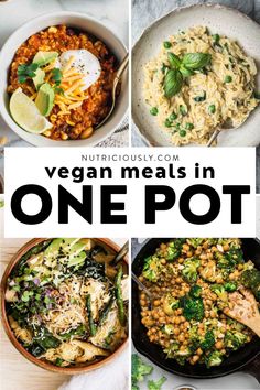 vegan meals in one pot collage with text overlay that reads, vegan meals in one pot