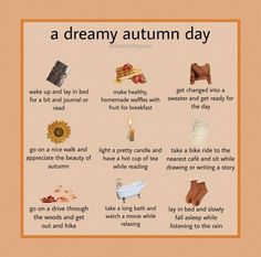 an autumn day poster with words and pictures on the front, in orange frame above it