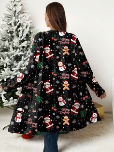 Plus Size Women Casual Minimal Christmas Element Printed Loose Long Sleeve Coat, Fall Winter Clothes Black Casual  Long Sleeve Knitted Fabric Christmas,Plain,Plants,All Over Print Other Medium Stretch  Women Plus Clothing, size features are:Bust: ,Length: ,Sleeve Length: Casual Long Sleeve Cardigan For Holiday, Christmas Long Sleeve Outerwear, Casual Christmas Holiday Outerwear, Casual Long Sleeve Holiday Outerwear, Casual Holiday Outerwear, Long Sleeve Christmas Cardigan, Festive Long Sleeve Winter Outerwear, Festive Long Sleeve Christmas Cardigan, Festive Black Long Sleeve Outerwear