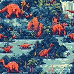 an image of dinosaurs in the wild with trees and bushes around them, as well as water