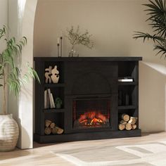 a living room with a fire place and potted plants