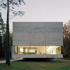 a concrete house in the middle of a forest