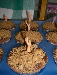 cupcakes with chocolate frosting and sprinkles are arranged on a blue tray