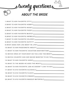 a printable wedding game with the words twenty questions about the bride