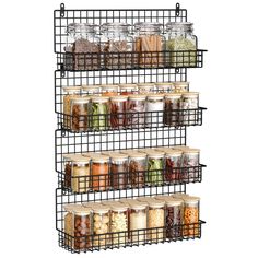 four tiered wire spice rack with glass jars and spices on the bottom shelf in black