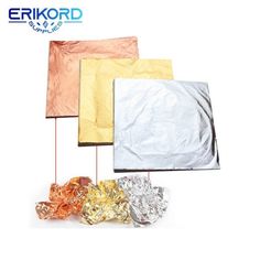 four different colored foil bags on white background