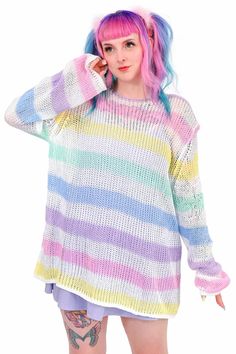 Candyfloss Loose Knit Pullover | My Violet Cutesie Outfits, Unicorn Core, Aesthetic 2025, Kid Core Outfits, Kidcore Fashion, Light Outfits, Pastel Kidcore, Japanese Clothing, Rainbow Outfit