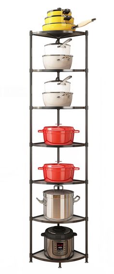 a metal rack with pots and pans on it