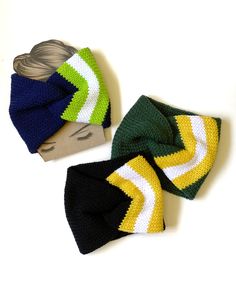 This is a twisted headband/ear warmer made out of 100% Acrylic in team colors. It is 6" x 8" laying flat and will stretch to fit most adult heads. The head display card is a photo prop and not included. Easy care machine wash and dry. Football Team Colors, Crochet Football, Addi Express, Ear Band, Yarn Twist, Knit Headband Pattern, Circular Knitting Machine, Knitting Machine Patterns, How To Make Headbands