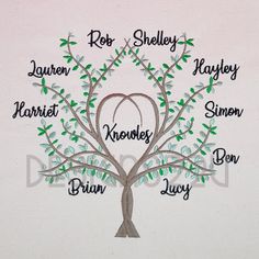 a family tree is shown with names in the shape of a heart, and leaves