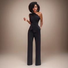 Olivia Mark - Classic One-Piece Jumpsuit with Off-Shoulder Design and Wide-Leg Pants for Casual Wear Solid Stretch One-shoulder Jumpsuit, Elegant One Shoulder Jumpsuit For Going Out, Elegant One-shoulder Jumpsuit For Going Out, Fitted Off-shoulder Jumpsuit For Workwear, Black Stretch Off-shoulder Jumpsuits And Rompers, Black Fitted Off-shoulder Strapless Jumpsuit, Black One-shoulder Jumpsuits And Rompers For Formal Events, Solid Color Evening Jumpsuits And Rompers, Black One-shoulder Jumpsuit For Formal Occasions