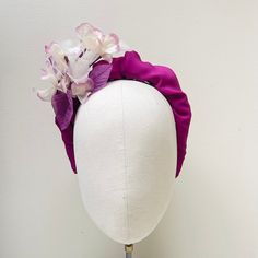 "FABRIC This Women's fascinator headband has been carefully handmade. The headband has been covered with a crepe silk with a pretty complementary organza silk hydrangea mount. Comfortable to wear and boasts a quality finish to ensure a luxurious, sustainable and top quality finish FIT  A flexible base band to fit all head sizes.  PACKAGING Each headband is wrapped in pretty acid free tissue paper, sealed with an Evierosemade brand sticker and shipped in an eco-friendly cardboard gift box to protect while in transit. If you are purchasing as a gift, please select \"This order is a gift\" (the item price will not be included in the gift box). If you would also like to add a personalised message to the recipient, please enter your message in the box marked \"Add a Note to evierosemade\". Plea Evening Fitted Headpiece With Handmade Flowers, Formal Hair Accessories With Handmade Flowers For Kentucky Derby, Evening Headpiece With Handmade Flowers And Pinched Crown, Formal Fascinator With Handmade Flowers On Headband, Formal Fascinator With Handmade Flowers, Formal Handmade Flowers Fascinator Headband, Elegant Handmade Flowers Headpiece For Evening, Evening Headband With Structured Crown For Kentucky Derby, Structured Crown Headband For Kentucky Derby Evening