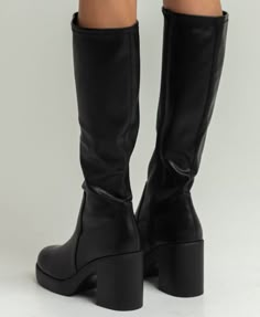 Boots Stacked Heel, Tall Knee-high Platform Boots With Round Toe, Tall Fit Knee-high Platform Boots With Round Toe, Wide Calf Platform Knee-high Boots, Wide Calf Polyurethane Knee-high Boots With Round Toe, Polyurethane Wide Calf Knee-high Boots With Round Toe, Trendy Mid-calf Faux Leather Boots, Wide Calf High Ankle Knee-high Boots In Faux Leather, Knee-high Platform Heeled Boots