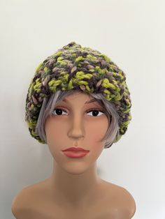 Super chunky hat  hand made crochet warm hat made with acrylic wool greens camouflage  hand made in the cotswolds Green Slouchy Yarn Hat, Green Slouchy Knitted Hat, Slouchy Green Knitted Hat, Green Hand Knitted Beanie One Size, Hand Knitted Green Beanie One Size, Green Yarn Crochet Hat For Outdoor, Green Hand Knitted One Size Beanie, Green Knitted Yarn Beanie, Green Knitted Beanie Hat