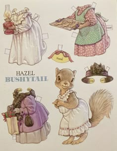 an old fashion book with pictures of women's hats and dresses, including a squirrel