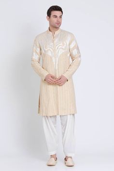 Beige kurta featuring silk resham embroidery in geometric pattern. Comes with a pant. - Aza Fashions Beige Kurta, Resham Embroidery, Diana Penty, Eid Party, Madhuri Dixit, Cocktail Reception, Luxury Sale, Kurta With Pants, Modern Bride