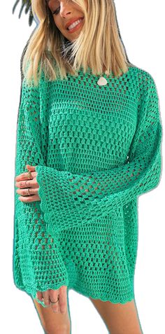 Summer Knit Cover-up With Long Sleeves, Long Sleeve Crochet Cover-up For Vacation, Summer Green Open Knit Sweater, Beach Green Knit Tops, Summer Long Sleeve Crochet Cover-up, Summer Crochet Cover-up With Long Sleeves, Chic Long Sleeve Crochet Top For Beach, Green Knit Crochet Beach Top, Beach Crochet Knit Top In Green