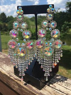 STATEMENT CRYSTAL FRINGE PAGEANT EARRINGSAB Stoned on silver5 3/4' Long Rose Gold Chandelier Earrings, Red Gemstone Jewelry, 19th Wedding Anniversary, Pageant Jewelry, 8th Wedding Anniversary, Pageant Earrings, Silver Crystal Earrings, Lotus Flower Design, Large Chandelier