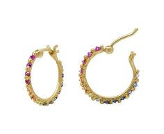 These stunning, vibrant Polly Wales earrings are tiny hoops of beaded, hand-crafted 18K yellow gold set with a row of rainbow sapphires. Each stone is held in a beaded setting to create the open loop. They attach to 18K latch backs making them an effortless addition to any collection. total length : 5/8"18K yellow gold and rainbow sapphire hoop width : 1.5mmrainbow sapphires : 1.5mm diameter each : ~.78cttw18K yellow gold latch back closure Gold Multi-stone Hoop Earrings, Yellow Gold Multi-stone Hoop Earrings Fine Jewelry, Yellow Gold Multi-stone Hoop Earrings, Elegant Rainbow Hoop Jewelry, Elegant Rainbow Colored Hoop Jewelry, Polly Wales Jewelry, Daniela Villegas, Digby And Iona, Alice Cicolini