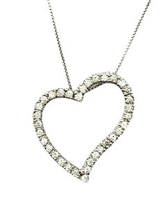 ITEM SPECIFICS: Beautiful heart pendant necklace. This necklace features an open heart pendant with .50 carats total of natural sparkling white diamonds. The diamonds are round brilliant cut, E-F color, and SI1-SI2 clarity. They are set in polished 18 karat white gold. The heart is approximately 7/8" at its longest and widest point. The heart is approximately 3.08 mm high and 2.20mm thick. The back of the pendant is a solid polished finish to lay flat against the chest. The heart pendant comes w Necklace Diamond, Heart Pendant Diamond, Open Heart, Beautiful Heart, Diamond Heart, Heart Pendant Necklace, White Diamonds, Round Brilliant, Diamond White