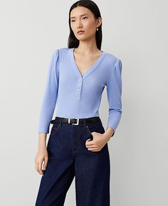 Elevate your style with the Ann Taylor Ribbed Puff Sleeve V-Neck Top, a chic blend of comfort and sophistication. This top features a flattering V-neck and stylish 3/4 puff sleeves with shirred caps, adding a touch of elegance to your everyday look.

- Size: XS
- Color: Bluebell Frost
- Material: 100% Cotton
- Gender: Female
- Length: 24" long
- Fit: Soft & stretchy
- Care: Machine washable

Perfect for both casual and semi-formal settings, this top hits at the hip, ensuring a graceful silhouett Shirred Sleeve, Hip Style, Top Hits, Petite Tops, Puff Sleeve Top, Petite Fashion, V Neck Tops, Cotton Style, Puff Sleeves