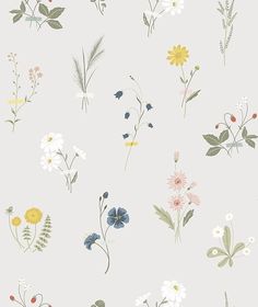 a white wallpaper with various flowers and leaves on the back ground, all in different colors