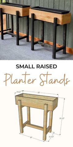 the plans for a small raised planter stand are shown in two different sizes and colors