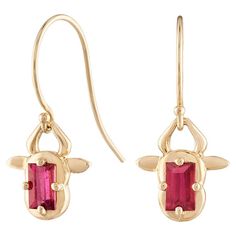 The 14k Yellow Gold Red Tourmaline Bull Ox Animal Earrings by Baubou are handcrafted in New York and feature a pinkish red 0.58 carat emerald cut tourmaline. The earrings measure approximately 10mm x 10.8mm with french wire. The logo is engraved on the back. These earrings are perfect for those who love unique and playful animal designs that are also elegant and sophisticated. They are a great addition to any jewelry collection and can be worn for any occasion. The pinkish red tourmaline is a natural material that is sure to catch the eye of anyone who sees it. The emerald cut of the stone adds an extra layer of sophistication to the design, making these earrings perfect for both casual and formal occasions. The bull ox animal design is part of Baubou’s Animal Farm Collection, which is a c Playful Jewelry, Red Tourmaline, Pinkish Red, Animal Earrings, French Wire, Color Rojo, Ox, Animal Design, Emerald Cut