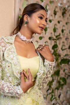 Mint green sweetheart neck bralette. Paired with a matching draped skirt and embroidered jacket. - Aza Fashions Spring Party Green Lehenga, Fitted Lehenga For Wedding Guest, Elegant Green Lehenga For Summer, Spring Wedding Choli, Draped Skirt, Green Pearls, Satin Color, Jacket For Women, Embroidered Jacket