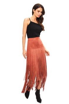 Front image of adore rust brown fringe skirt. Chic Spring Skirt With Tassels, Chic Skirt With Tassels For Spring, Summer Chic Mini Skirt With Tassels, Chic Summer Mini Skirt With Tassels, Chic Fitted Skirt With Tassels, Summer Tassel Skirt For Night Out, Fitted Mini Skirt With Tassels For Spring, Summer Night Out Skirt With Tassels, Tasseled Skirt For Summer Night Out