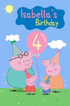 pep and piggy birthday card with the number four on it's face, holding balloons