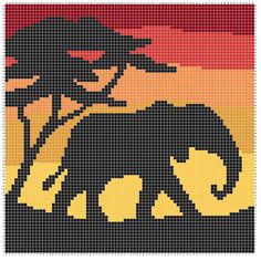 an elephant is shown in the middle of a cross stitch pattern with oranges and yellows