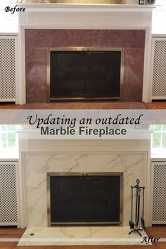 before and after pictures of an outdated marble fireplace mantel, with text overlaying