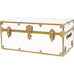 a large white trunk with gold trimmings on the sides and handles, sitting against a white background