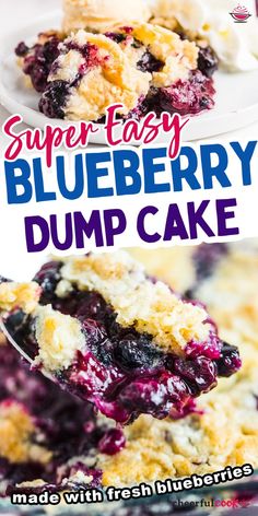 Collage of two closeup images of a slice of blueberry dump cake. Blueberry Dump Cake, Blueberry Dump Cake Recipes, Blueberry Desserts Recipes, Blueberry Cobbler Recipes, Blueberry Dump Cakes, Cake Mix Desserts, Blueberry Cake Recipes, Apple Dump Cakes