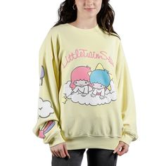 Stay warm and cozy as you celebrate your favorite characters with this Twin Stars sweatshirt. The shirt features an image of Lala and Kiki on a cloud under pink puff print that reads, "Little Twin Stars." Images of clouds and rainbows decorate the right sleeve. The sweatshirt comes in a yellow long sleeve crew neck. Fans of the Twin Stars characters will love this comfy and cozy sweatshirt. Star Clothing, Puff Print, Twin Stars, Little Twin Stars, Cozy Sweatshirts, Perfect Shirt, Stuff I Want, French Terry, Cool Shirts