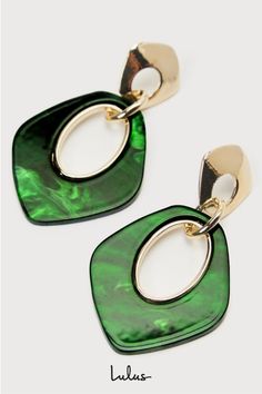 Your most enviable outfits just got better, thanks to the Lulus Perfect Effect Gold and Green Geometric Statement Earrings! Shiny, gold-toned metal shapes these striking earrings that have a geometric design, with large statement pendants that have an acrylic, marbled surface and large cutouts at the center. Post backs. 2. 5" long and 1. 5" wide. Man made materials. Imported. Lulus | Perfect Effect Gold and Green Geometric Statement Earrings. Trill Fashion, Geometric Statement Earrings, Luxury Earrings, Gold And Green, Earrings Large, Earrings In Gold, Statement Pendant, Accessories Jewelry Earrings, Green Earrings