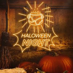 an image of halloween night with pumpkins and hay