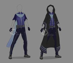 two different views of an anime character wearing black and blue clothes, one in the process of