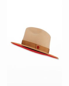 Keith James "Queen" fedora hat in felt with signature red brim Grosgrain band with authentic logo pin Pinched crown Flat brim Wool; polyblend trim Made in USA Wool Fedora Hat, Wool Fedora, Pin Logo, Fedora Hat, Fedora, Cowboy Hats, Neiman Marcus, Tops Designs, Queen