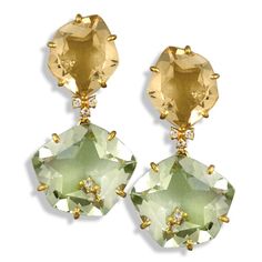 Lemon citrine over prasiolite set in 18k yellow gold with diamonds (.14 tcw). Handmade in Brazil.Measures ⅝" w x 1⅛" h. Lemon Jewelry, Lady Kenna, Pastel Jewelry, Smoky Quartz Earrings, Lalique Crystal, Citrine Jewelry, Citrine Earrings, Gold Monogram, Shell Bracelet