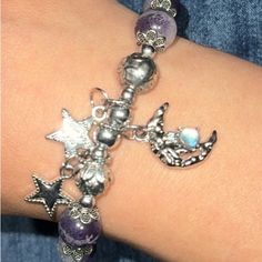 Blue Stone Moon And Stars Bracelet Adjustable Celestial Bracelets With Star Charm, Adjustable Celestial Star Bracelet, Adjustable Star-shaped Celestial Bracelets, Bohemian Adjustable Bracelet With Star Charm, Celestial Bracelet With Star Charm, Celestial Silver Bracelet With Star Charm, Silver Celestial Bracelet With Star Charm, Adjustable Star-shaped Magical Jewelry, Adjustable Silver Celestial Charm Bracelet