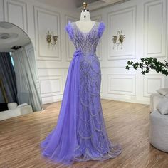 Arabic Dubai Lilac Mermaid with Overskirt Beaded Luxury Evening Dresses Gowns for Women Wedding Party 2024 Purple Gown With Sweep Train For Banquet, Purple Gown For Prom Season, Purple Evening Dress With Sweep Train For Prom, Purple Evening Dress With Sweep Train For Banquet, Lavender Gown For Prom Season Party, Lavender Gown For Prom Party, Purple Party Gown With Sweep Train, Purple Tulle Evening Dress For Banquet, Lavender Evening Dress For Prom Party