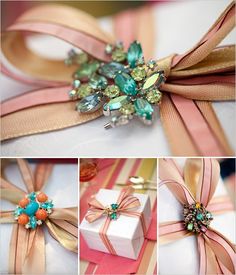 four different pictures show how to make a bow with ribbon and jeweled brooches