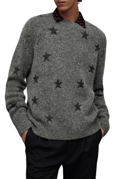 Soft, fuzzy yarns in a blend featuring alpaca, wool and recycled fibers bring cozy warmth to this star-spangled sweater knit for an easy, layer-ready fit. 27 1/2" length (size Medium) Crewneck Long sleeves 25% recycled polyamide, 24% alpaca, 24% viscose, 24% wool, 3% elastane Dry clean or hand wash, dry flat Imported Allsaints Casual Winter Sweater, Allsaints Long Sleeve Winter Sweater, Star Spangled, Alpaca Wool, Sweater Knit, All Saints, Crewneck Sweater, Crew Neck Sweater, Alpaca