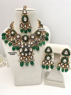 Premium quality Kundan Necklace comes with elegant Earrings and Tikka/ trendy Indian bridal set/Premium Quality Polki and Kundan Jewelry/green color   All items are shipped from Brampton, Ontario, Canada. If you need your item by a certain day, please reach out to us for express delivery option before placing the order so that we can update the shipping for you. Standard shipping/delivery timeline Below are the delivery timeline estimates. We dispatch all orders by the next business day. ---> US Green Kundan Bridal Necklace Hand Set, Green Kundan Chandbali Jewelry, Green Kundan Jewelry With Matching Earrings, Green Kundan Jewelry As A Gift, Kundan Green Jewelry Gift, Green Kundan Jewelry For Gift, Green Kundan Jewelry Gift, Green Kundan Necklaces For Wedding, Wedding Jewelry With Meenakari And Emerald