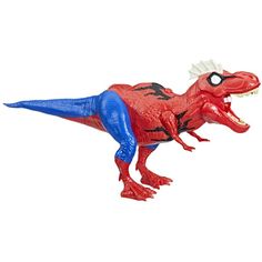 a red and blue toy dinosaur with a crown on it's head is flying through the air